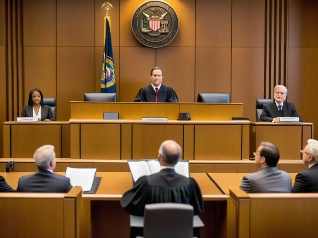 Escena de un tribunal con un juez presidiendo procedimientos legales, abogados presentando argumentos y pruebas