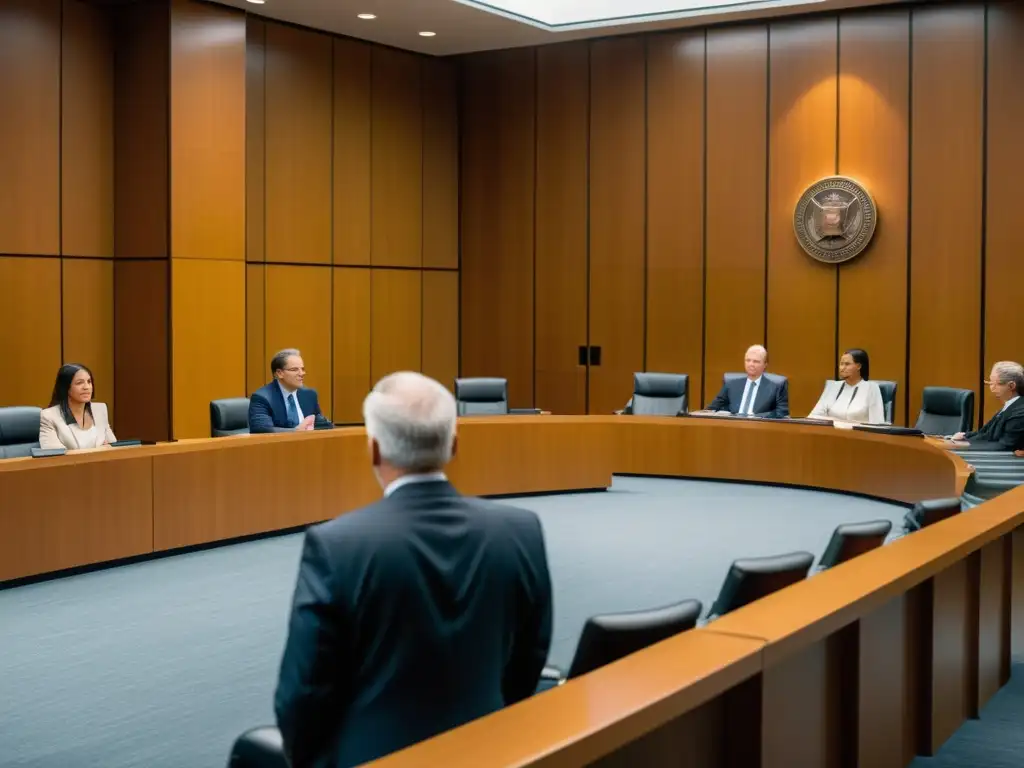 Escena de tribunal en litigio de patentes, con abogados en análisis competencia