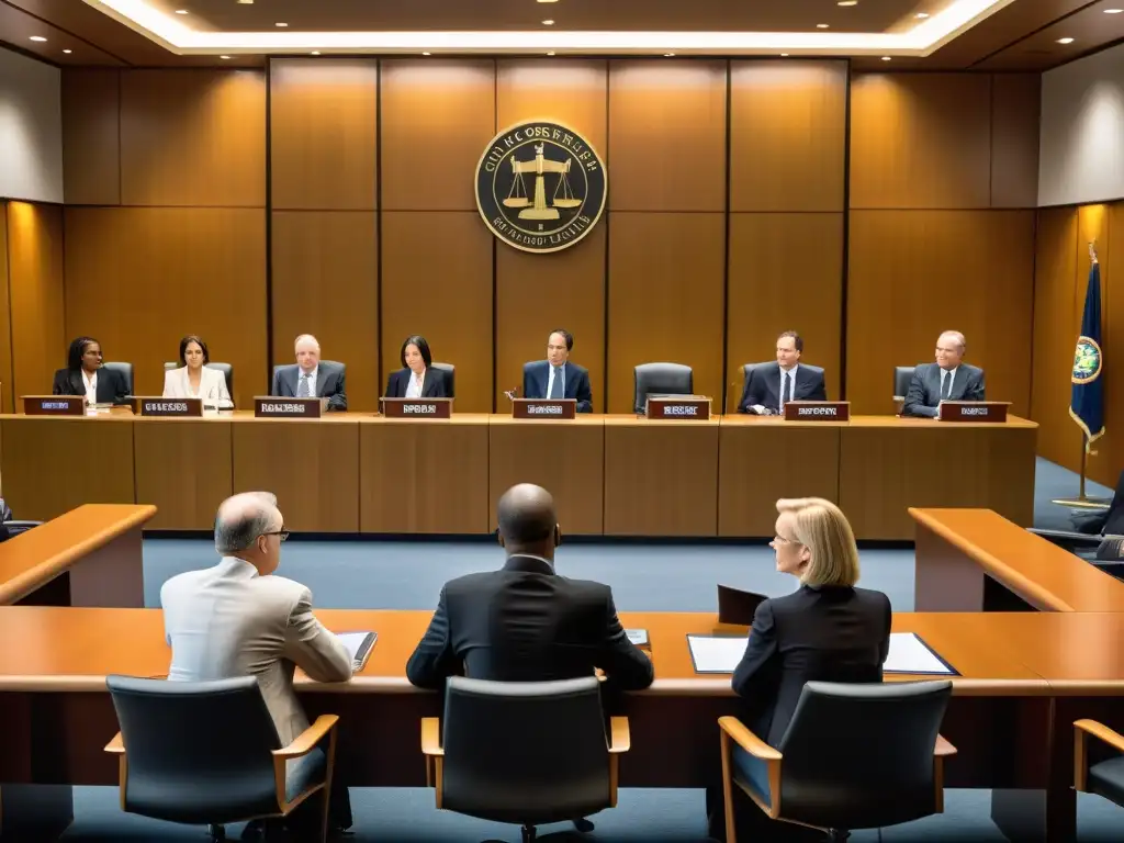 Una escena de tribunal moderna y elegante con abogados, jueces y clientes discutiendo la regulación legal de marcas visuales