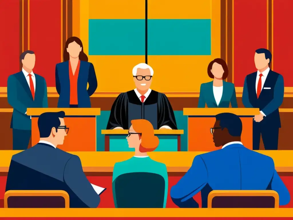 Escena legal: Juez con martillo rodeado de abogados y creadores Escena de tribunal moderna con juez sosteniendo un martillo, abogados y creadores debatiendo