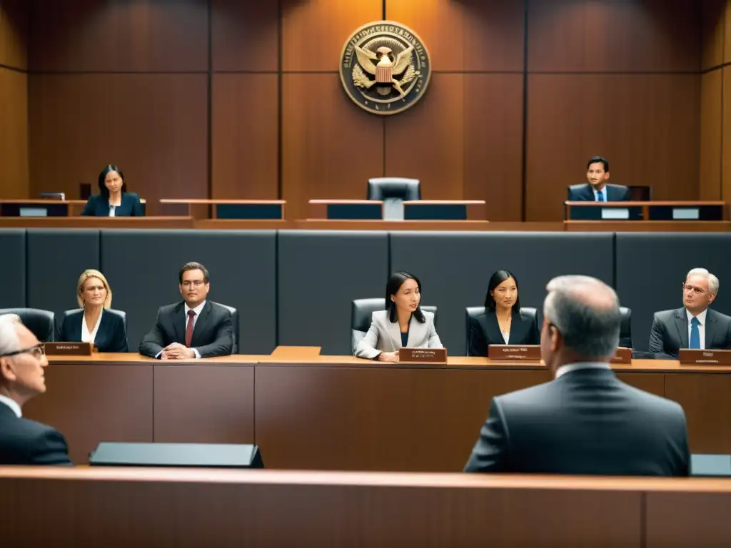 Escena de tribunal moderno con abogados y jueces en un litigio de patentes de software