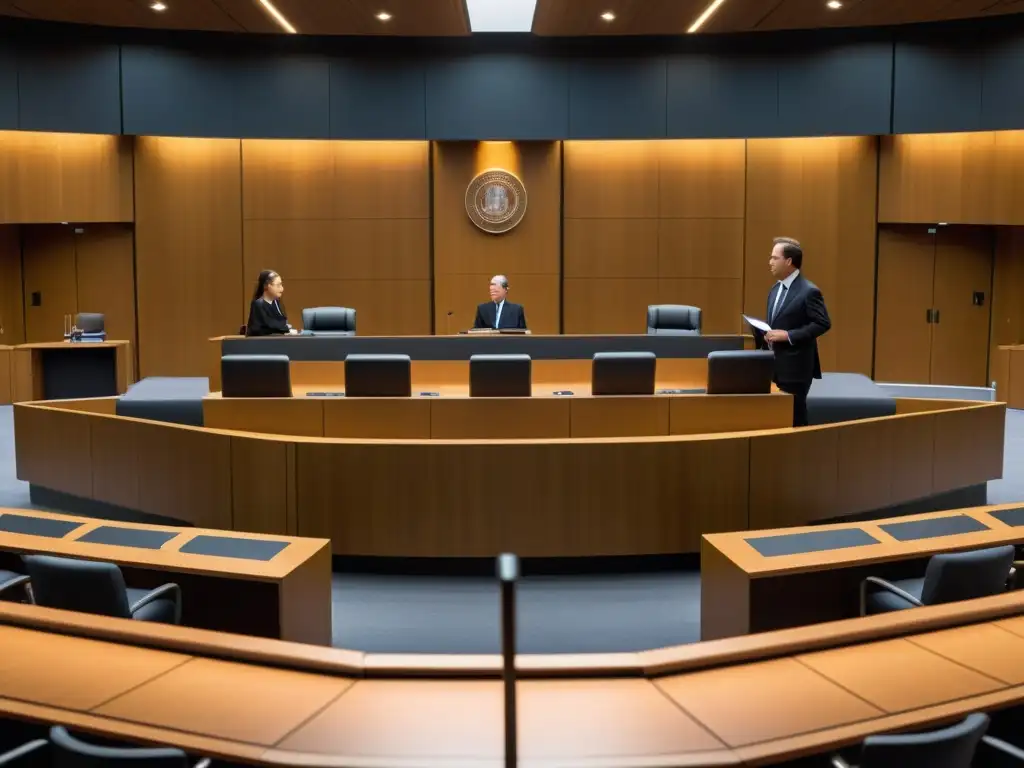 Escena de tribunal moderno con abogados, juez y espectadores