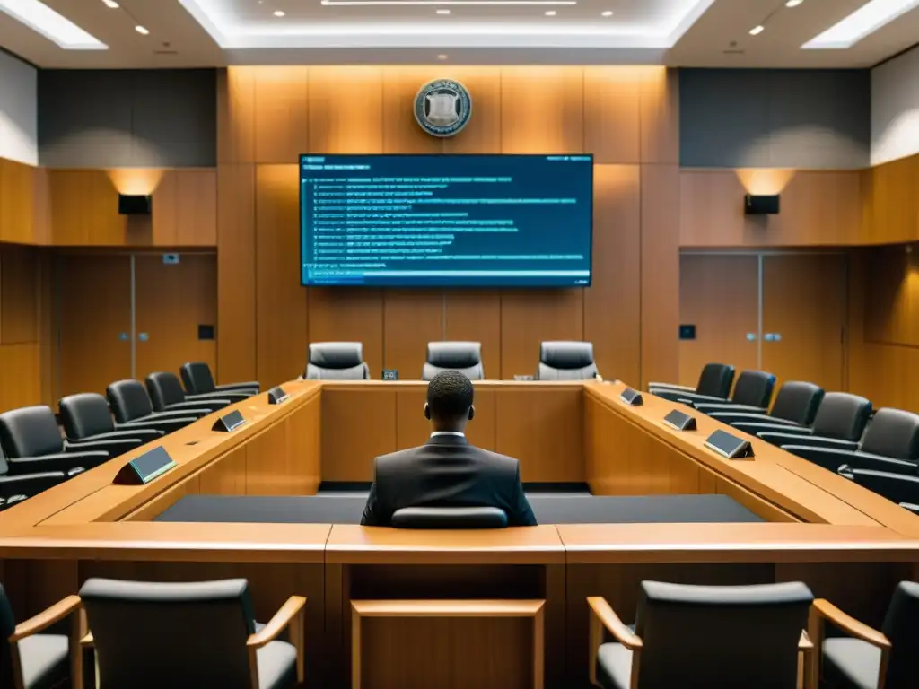 Escena de tribunal moderno con abogados y litigantes debatiendo sobre jurisprudencia en derechos de autor de software