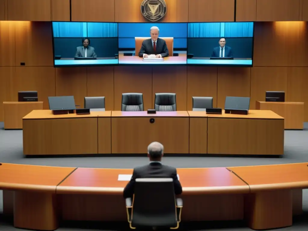 Escena de tribunal moderno con animador digital presentando su trabajo, rodeado de protección legal para animaciones digitales