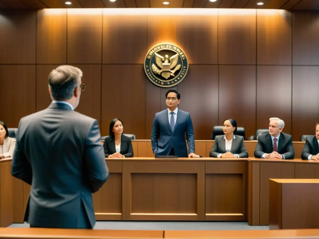 Escena de tribunal moderno con desarrollador de videojuegos presentando pruebas de infracción de derechos de autor en videojuegos electrónicos