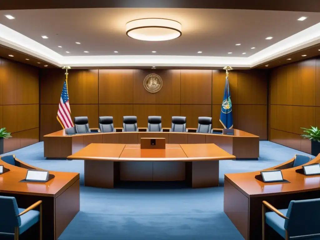 Escena de tribunal moderno con diseño de patentes en litigio, abogados y jueces examinando planos y prototipos detallados