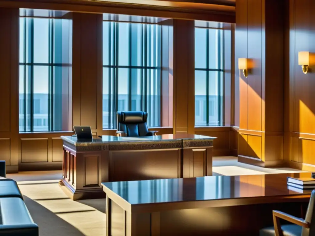 Escena de tribunal moderno con diseño sofisticado y luz natural