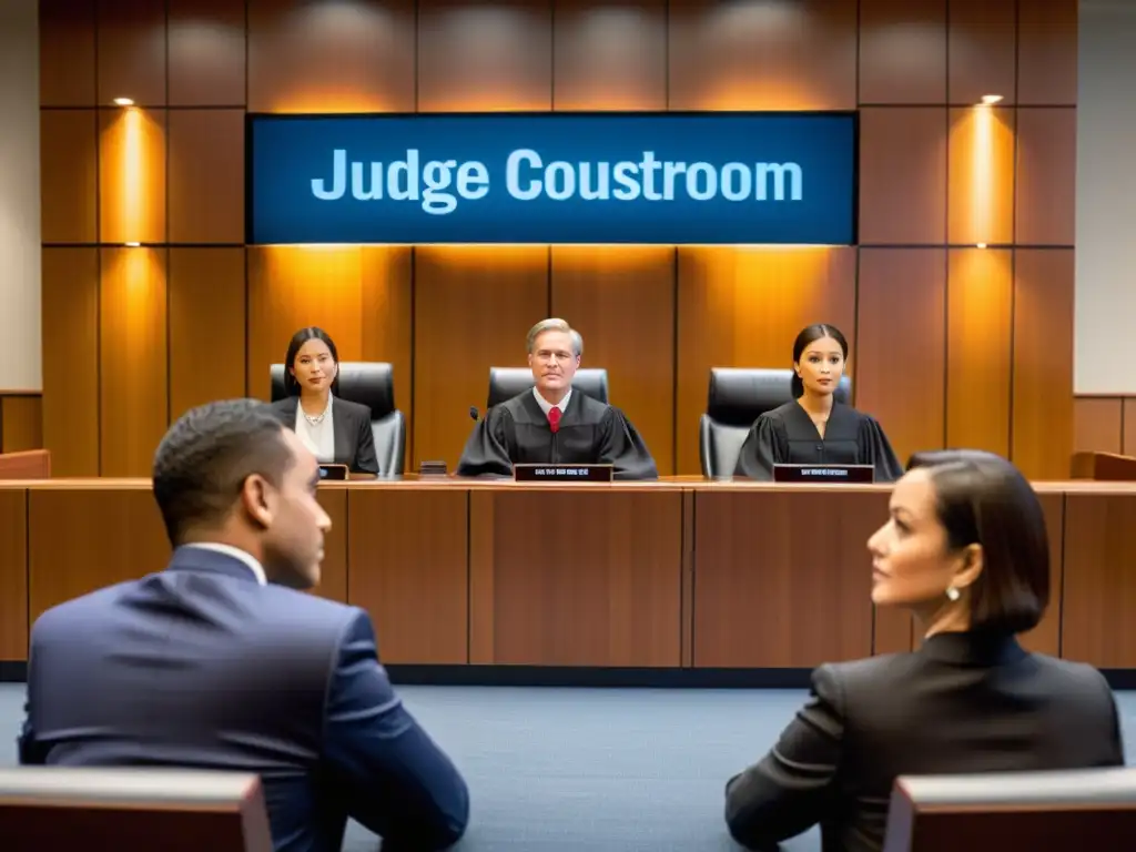 Escena de tribunal moderno con jueces, abogados y exhibición de conflictos legales marcas registradas internet
