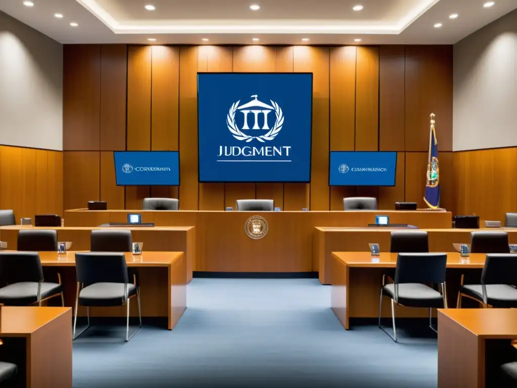 Una escena de tribunal moderno con jueces, abogados y logotipos de marcas en pantallas digitales