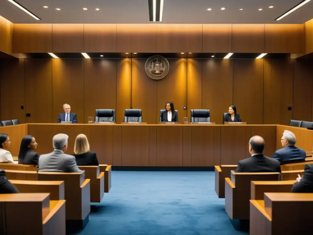 Escena de tribunal moderno en 8k, con juicio sobre coautorías de propiedad intelectual