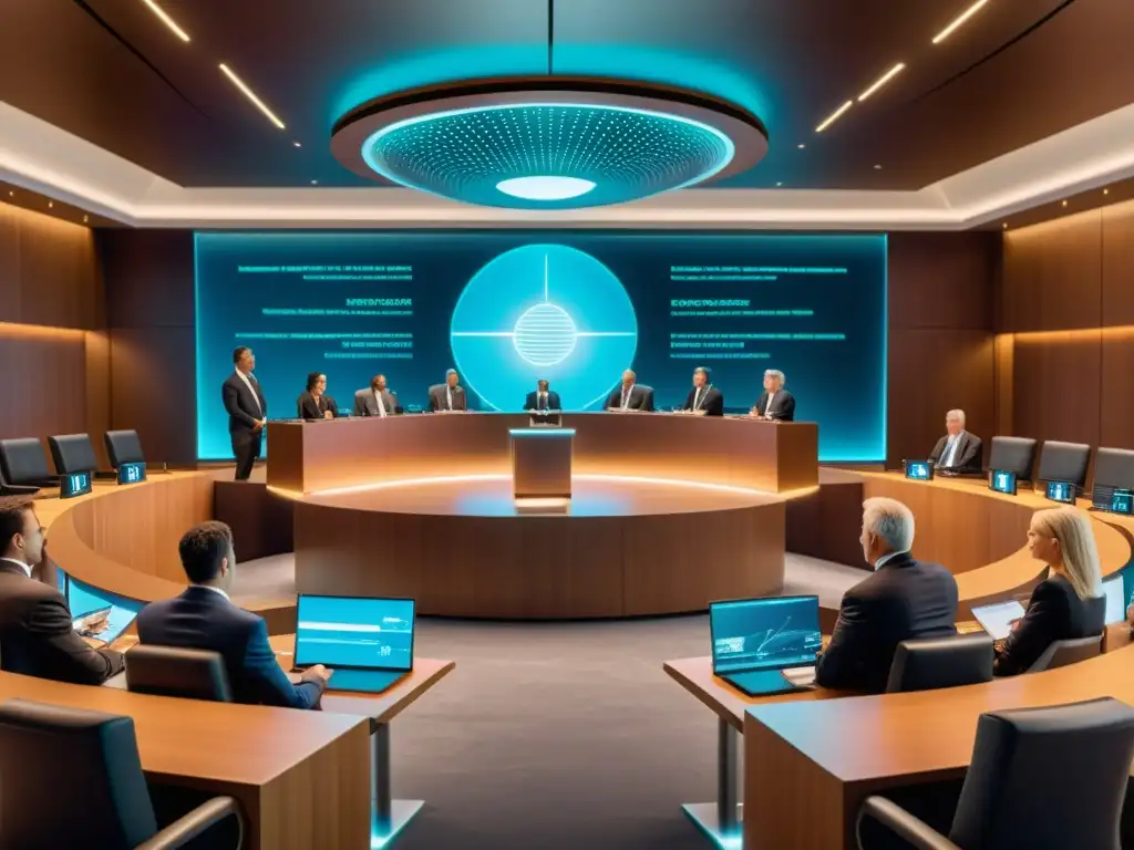 Escena de tribunal moderno con tecnología futurista en litigios de marcas en tecnología