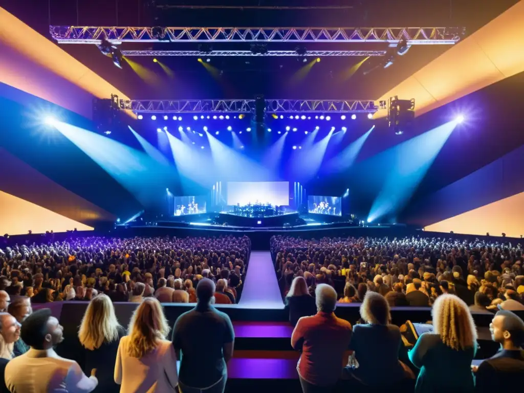 Una escena vibrante de un concierto moderno en 8K, con tecnología de vanguardia y una audiencia diversa cautivada por la actuación en vivo
