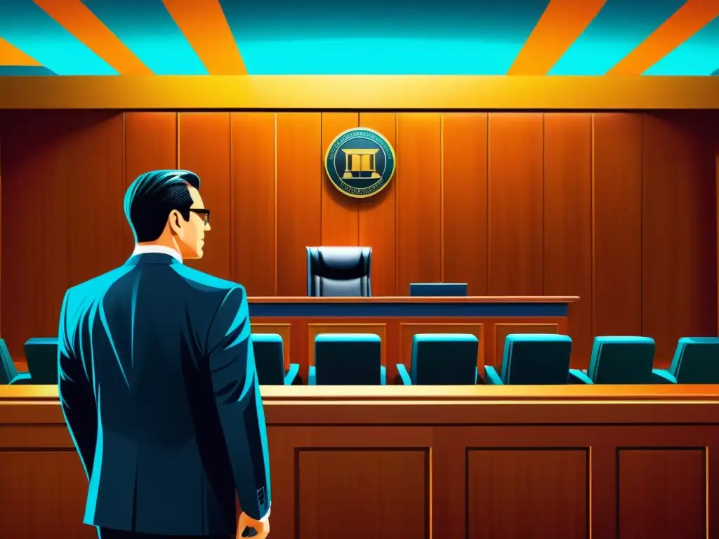 Escena vibrante de sala de tribunal con juez, abogados y símbolos de marcas
