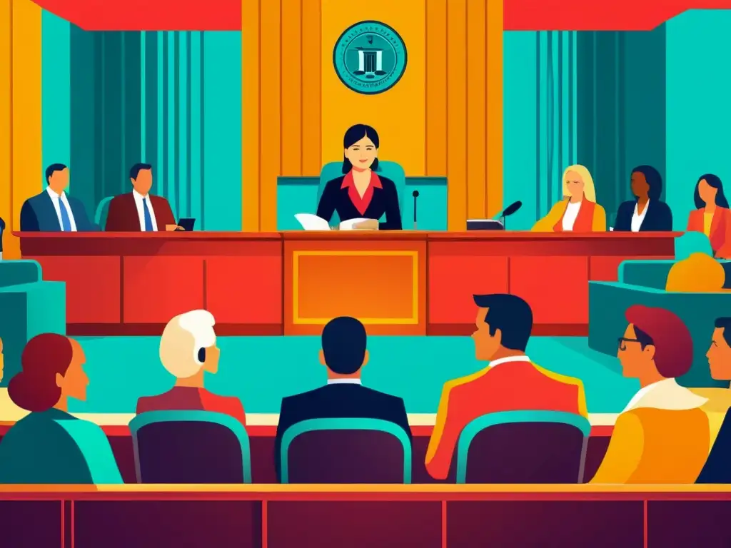Escena vibrante de un tribunal con un narrador presentando su caso, rodeado de profesionales legales y una audiencia cautivada