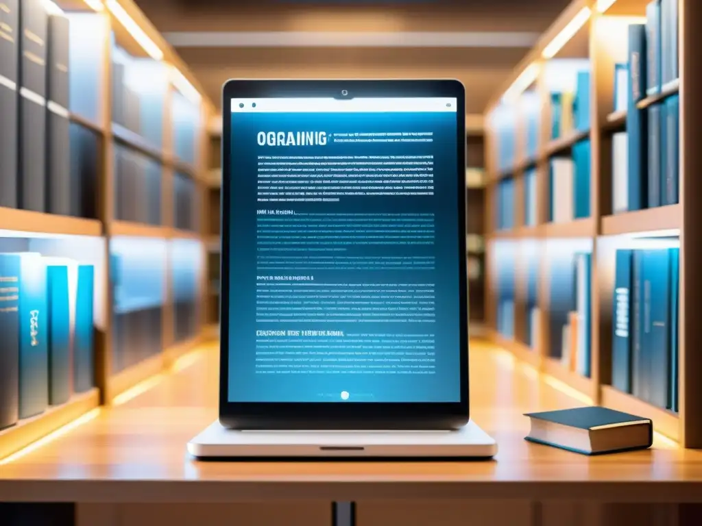 Un escenario de biblioteca digital moderna con tecnología de inteligencia artificial escaneando y organizando libros y documentos digitales, con símbolos de derechos de autor en el fondo