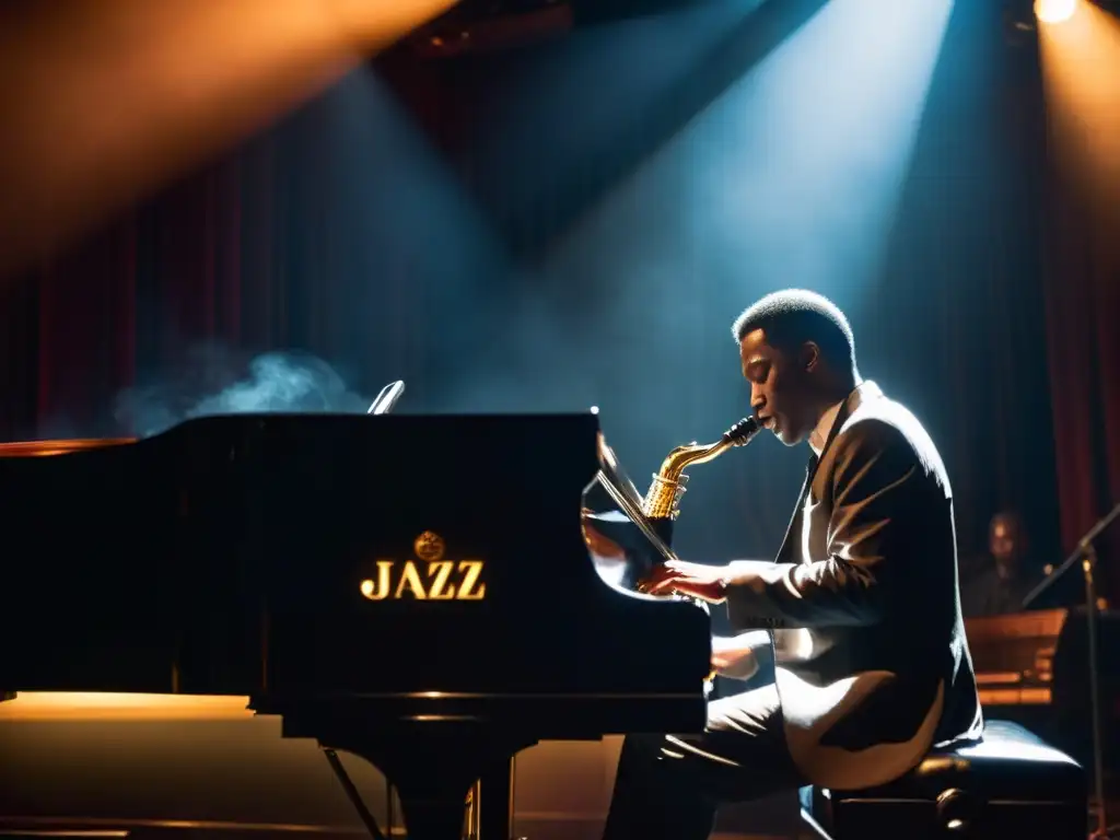 Un escenario de club de jazz con un foco sobre un saxofón en un piano negro