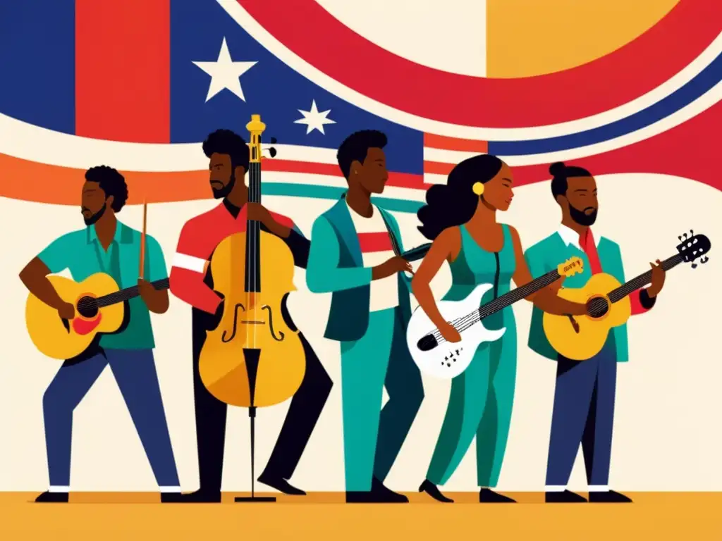 Un escenario digital muestra músicos de todo el mundo unidos, con símbolos musicales y banderas nacionales