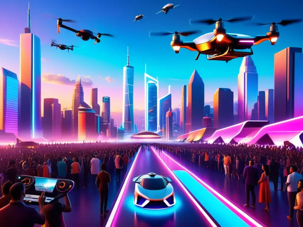 Un escenario futurista con música generada por IA, drones y rascacielos iluminados
