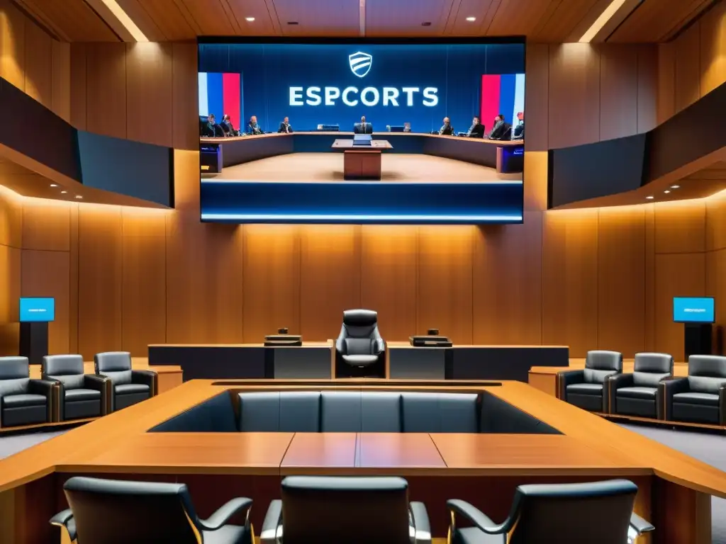Escenario legal moderno con transmisiones legales de eSports propiedad intelectual, jueces y abogados observan la competencia digital en vivo