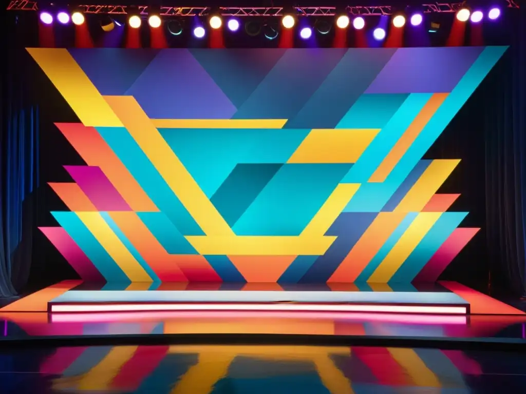 Un escenario moderno y vibrante con diseños geométricos y colores primarios, iluminado con luces dinámicas