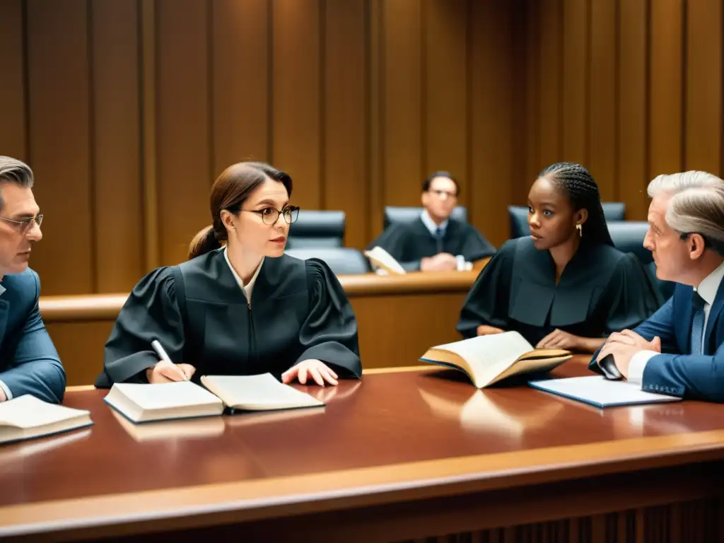Un escenario de sala de tribunal en 8k detalla abogados debatiendo sobre los derechos y aspectos legales de un spinoff o secuela, con libros y documentos esparcidos y un juez presidiendo la discusión intensa