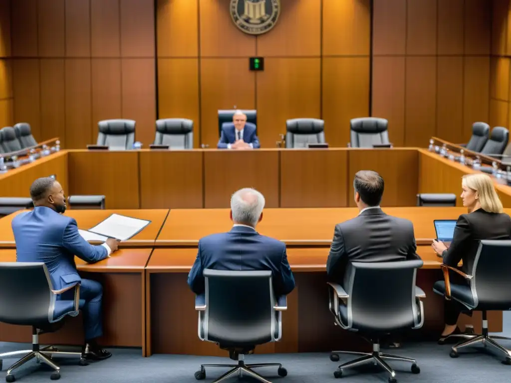 Un escenario de tribunal con abogados presentando pruebas, jueces presidiendo y un grupo diverso de jurados atentos