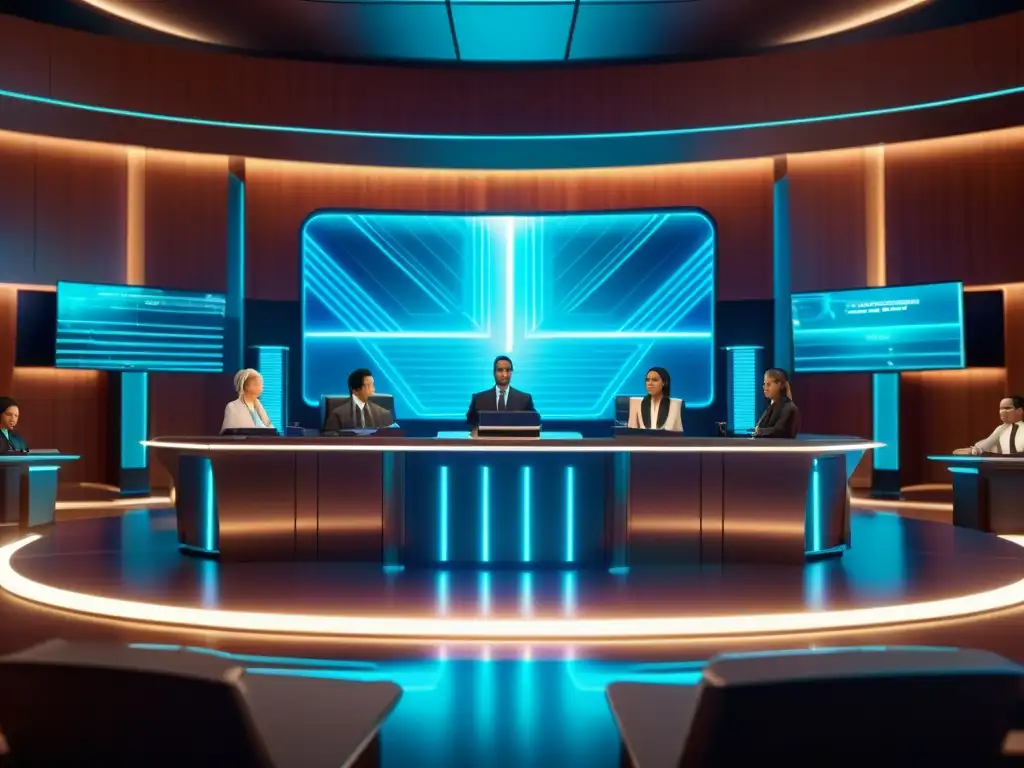 Un escenario de tribunal futurista con personajes de videojuegos como jueces, jurado y abogados, rodeados de tecnología legal