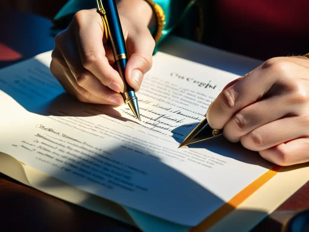 Un escritor firmando un documento de registro de derechos de autor con pluma, destacando la importancia de proteger obras literarias