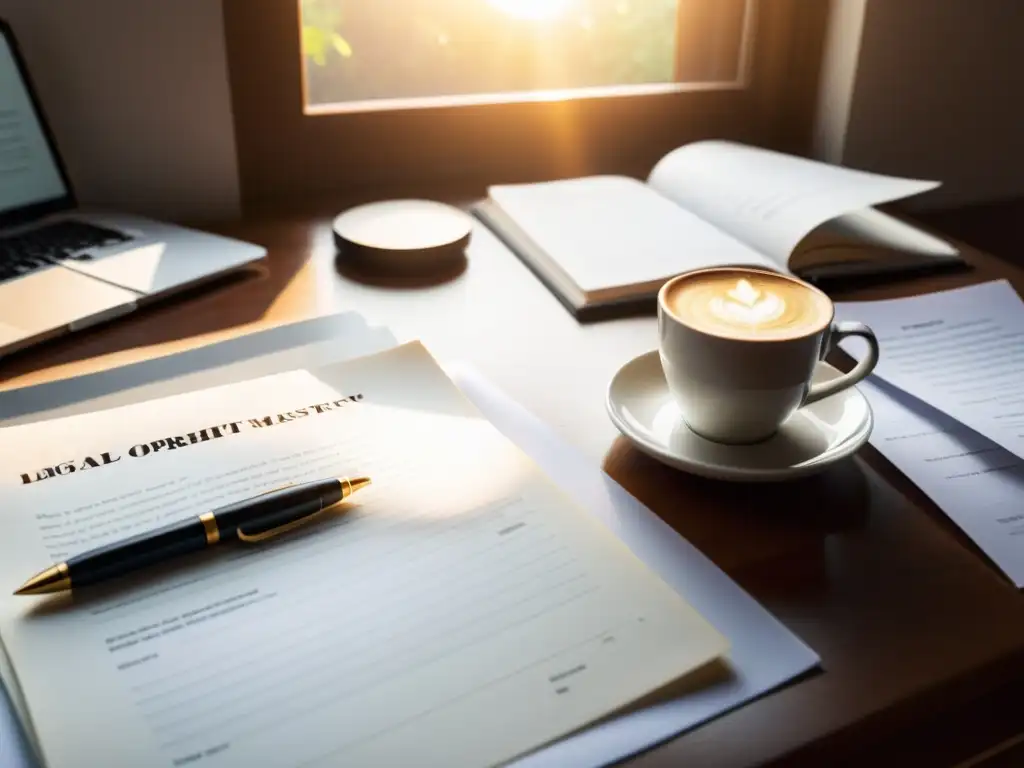 Un escritorio de artista con documentos legales, una laptop y una taza de café, iluminado por un rayo de sol