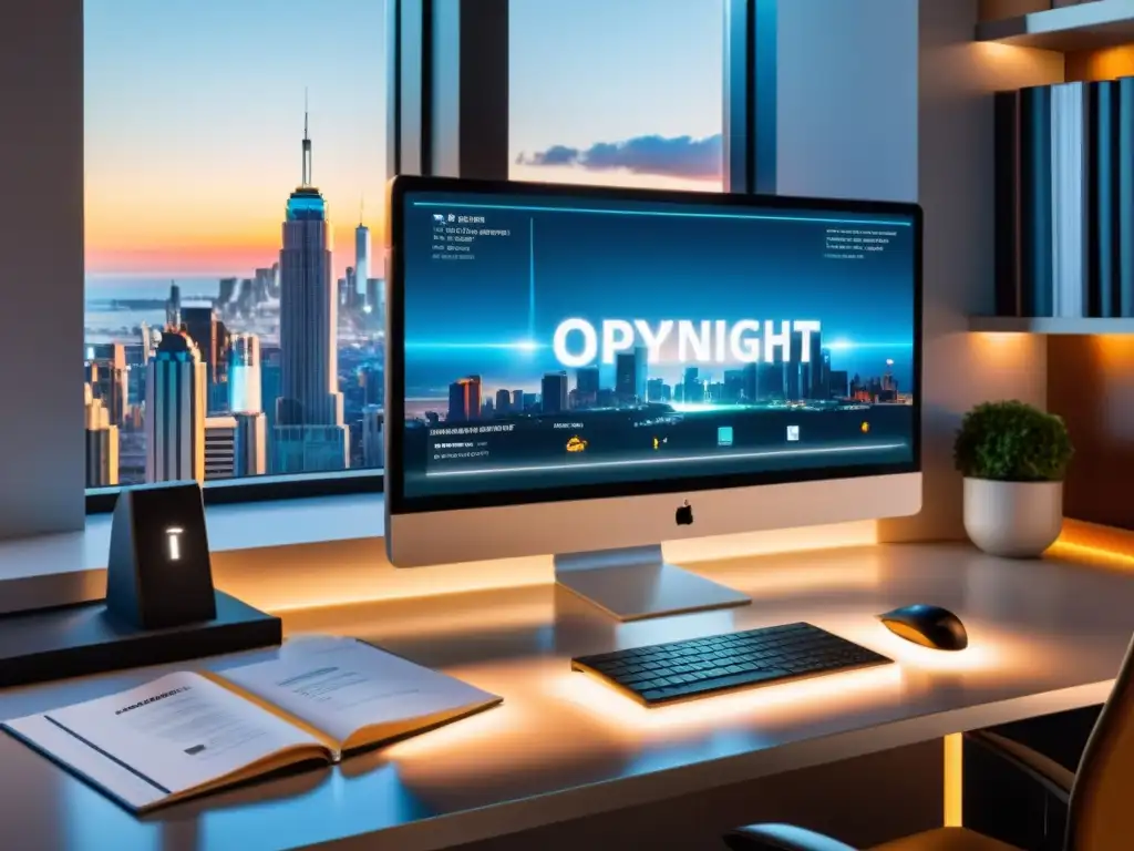 Escritorio futurista en oficina con monitor de plataforma de streaming y documentos legales, iluminado por luz natural con vista a la ciudad