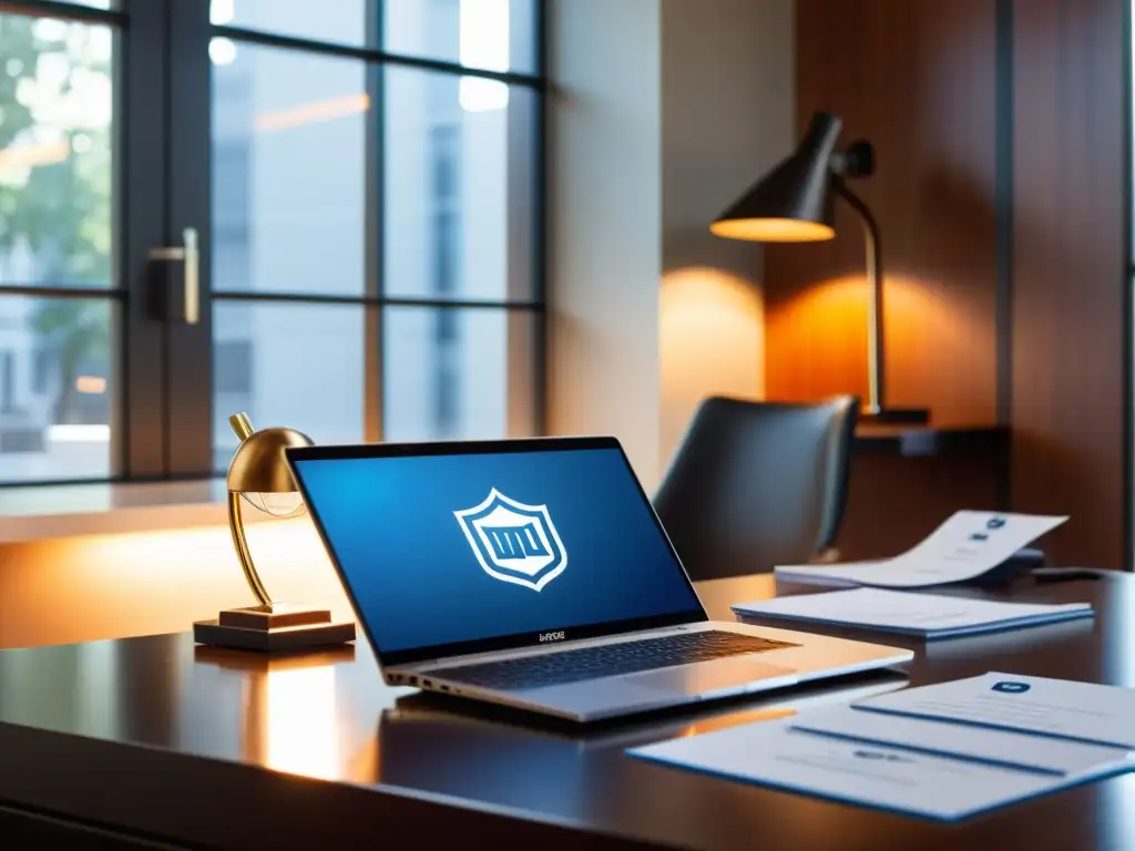 Un escritorio moderno con laptop, documentos legales y un hierro de marca con el logo de la empresa, iluminado por la cálida luz del sol