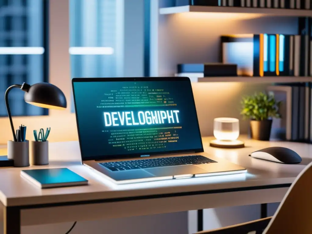 Escritorio de programación profesional con laptop y libros Escritorio moderno con laptop, libros de código y herramientas de desarrollo