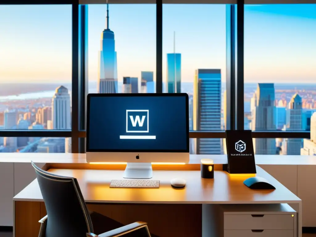 Un escritorio de oficina moderno con computadora, documentos legales y símbolo de marca registrada en pantalla