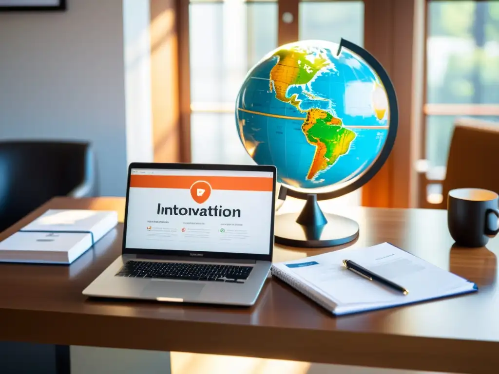 Escritorio moderno con registro de marcas internacionales Escritorio de oficina moderno con documentos legales de registro de marcas internacionales para startups, laptop y globo