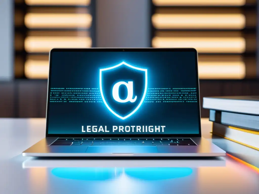 Escritorio de oficina moderno con laptop, documentos legales y cerradura digital protegiéndolos