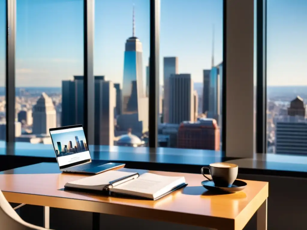 Escritorio de oficina moderno y ordenado con laptop, cuaderno y gafas, bañado en cálida luz natural con vista a la ciudad, simbolizando la ética gestión datos propiedad intelectual en el entorno laboral moderno