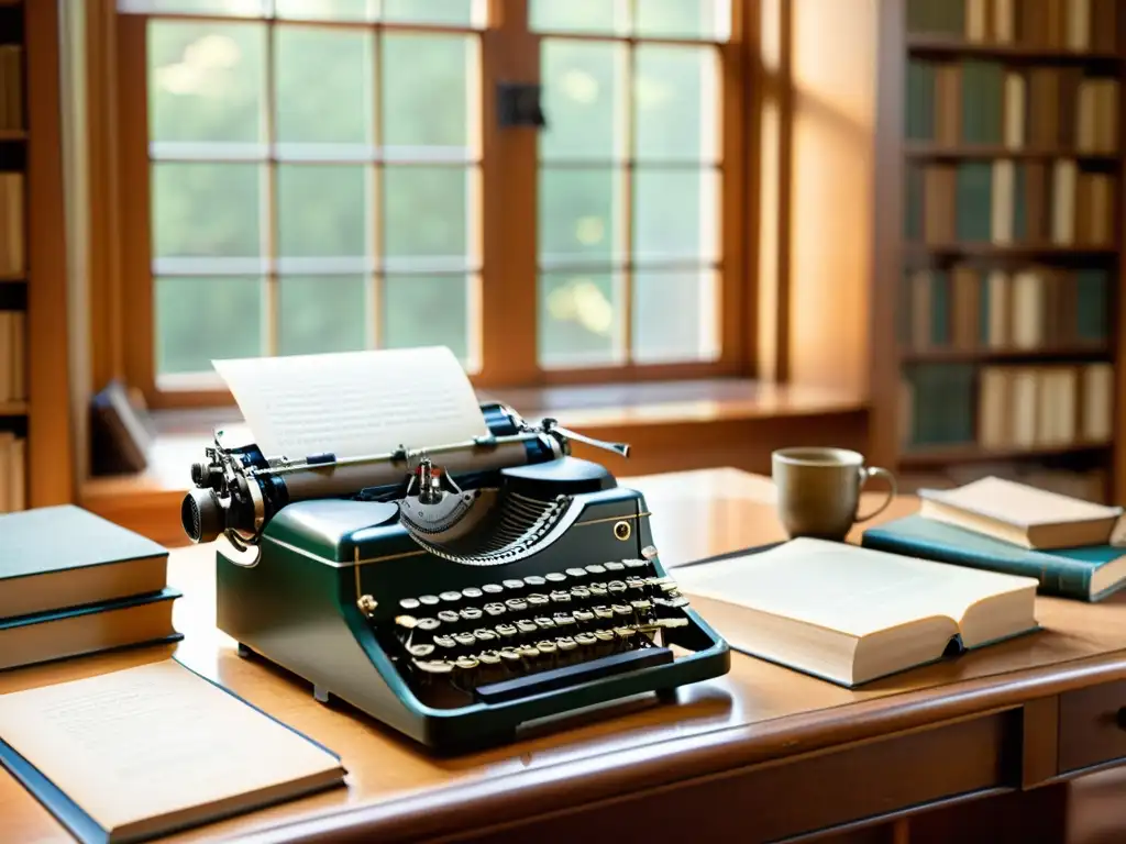 Un escritorio vintage con máquina de escribir, libros y documento de transferencia derechos autor post mortem, bañado en cálida luz natural