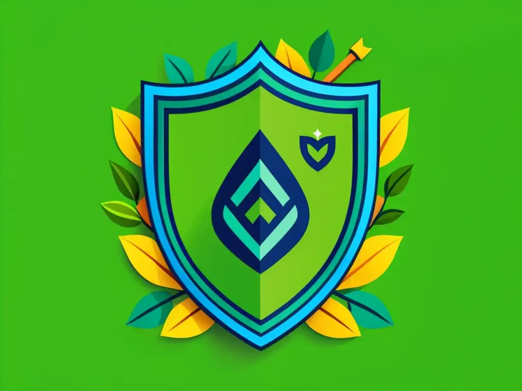Un escudo verde con símbolos ecológicos, simbolizando marcas verdes protegen identidad ambiente