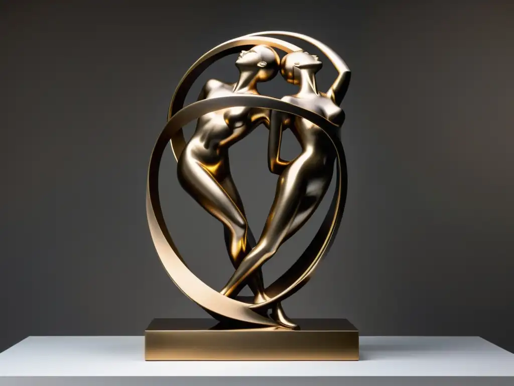 Una escultura moderna de figuras entrelazadas en bronce, con detalles intrincados, líneas dinámicas y un fondo geométrico minimalista