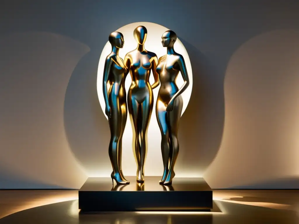 Una escultura moderna de figuras humanas entrelazadas en bronce pulido, exhibida en una galería bien iluminada