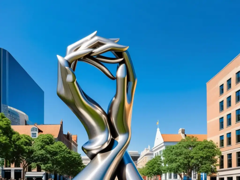 Escultura moderna de manos entrelazadas en acero inoxidable, en una plaza pública, reflejando el tema de los derechos de autor en obras públicas