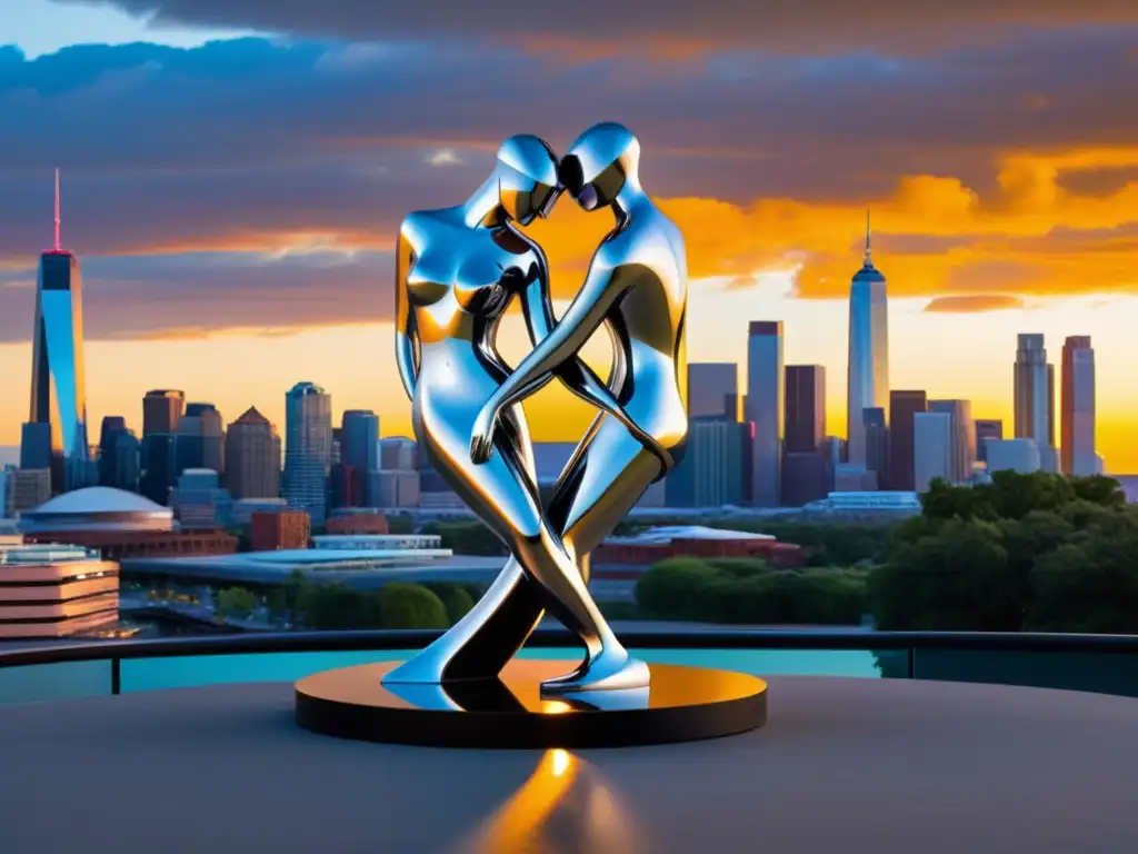 Escultura tridimensional de acero inoxidable reflejante en la ciudad al atardecer, evoca protección legal y creatividad artística