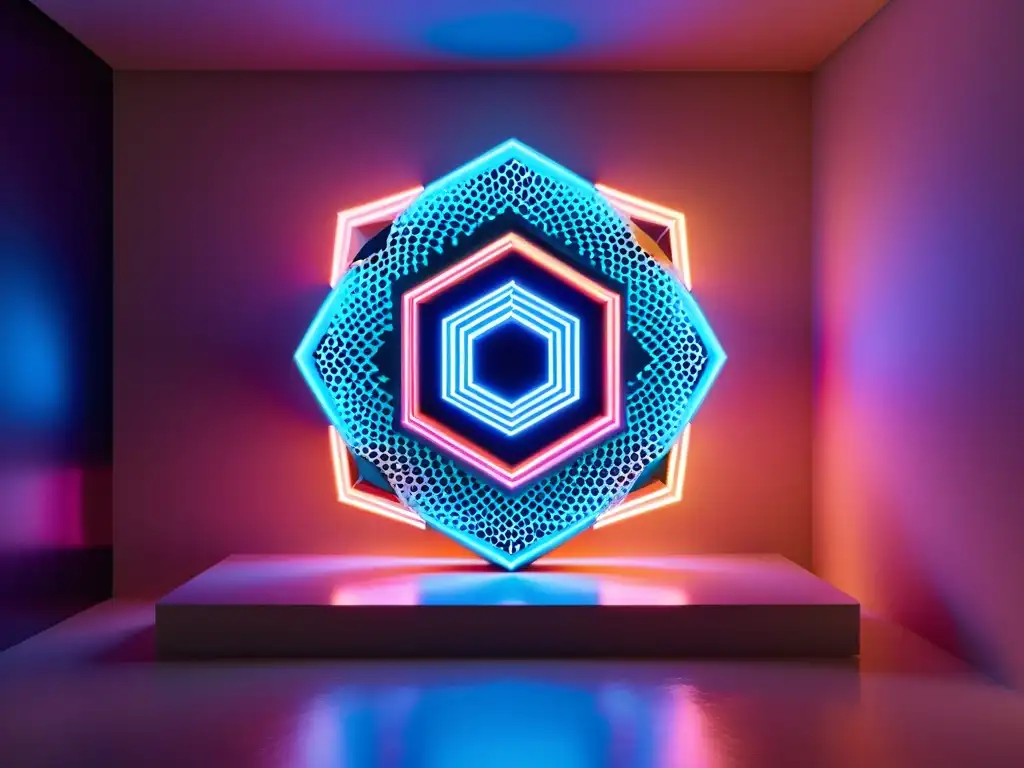 Escultura virtual de formas geométricas complejas iluminadas por luces de neón, en un entorno digital dinámico