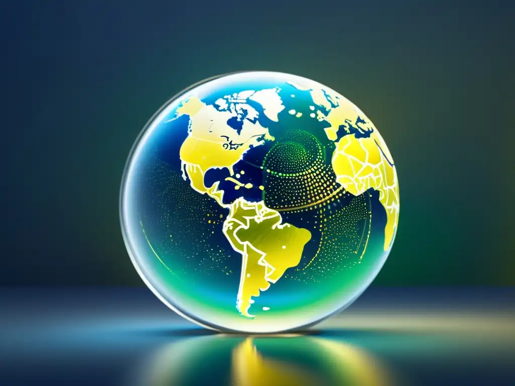 Esfera de cristal con líneas doradas y plateadas que representan rutas comerciales internacionales, sobre un fondo degradado azul a verde