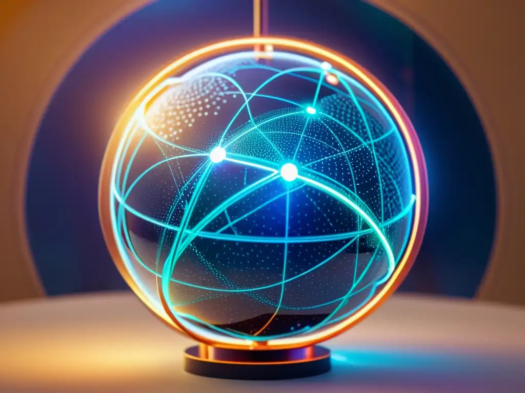 Una esfera futurista transparente rodeada de líneas y nodos conectados, muestra patrones y símbolos de alta tecnología
