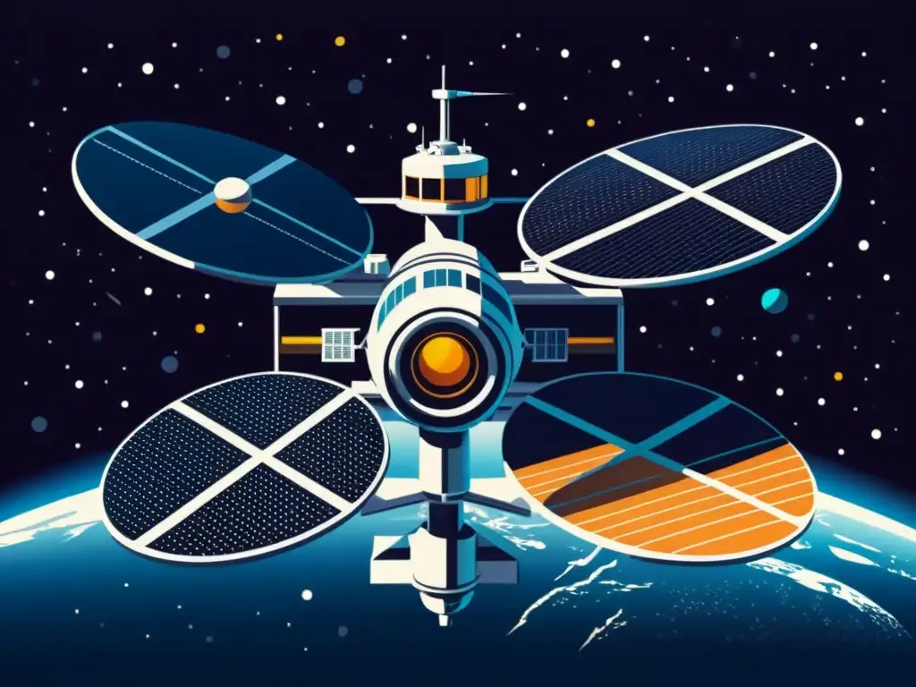 Estación espacial futurista rodeada de estrellas y planetas, evocando la innovación en la regulación propiedad intelectual exploración espacial