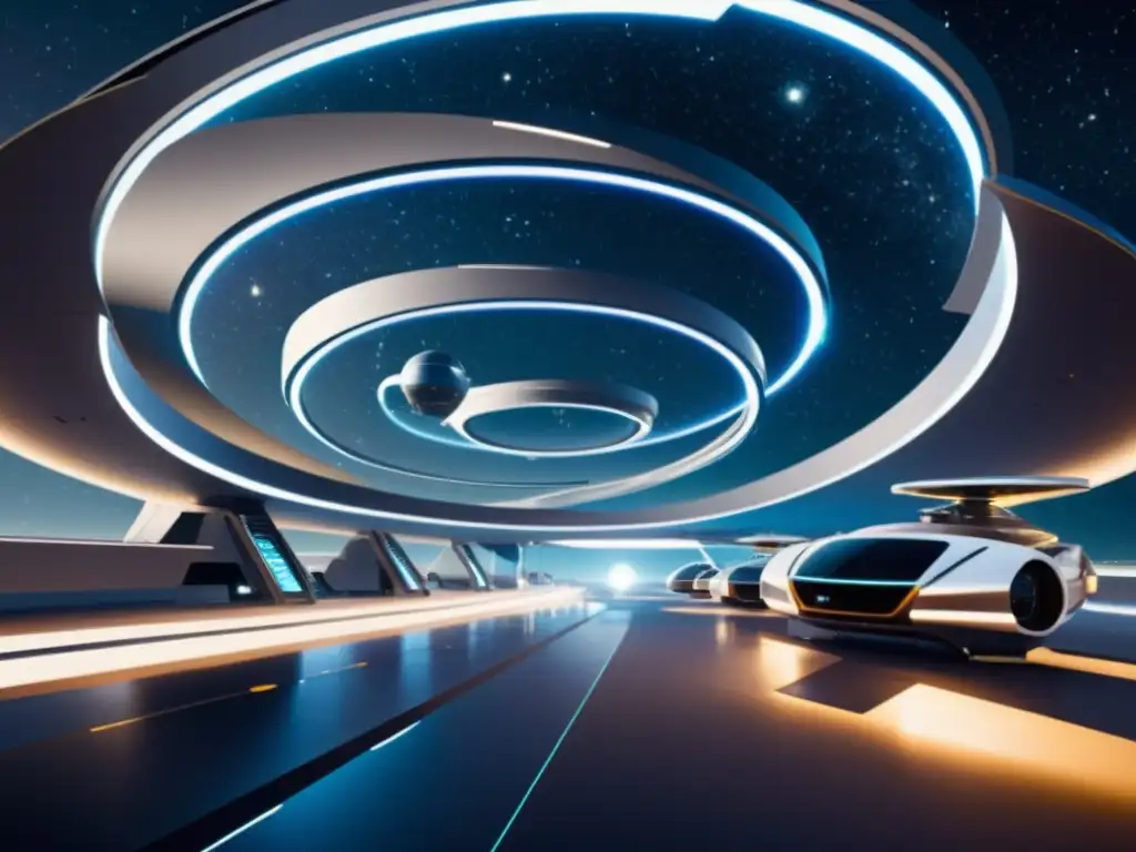 Estación espacial futurista con vehículos y tecnología avanzada, reflejando la innovación espacial
