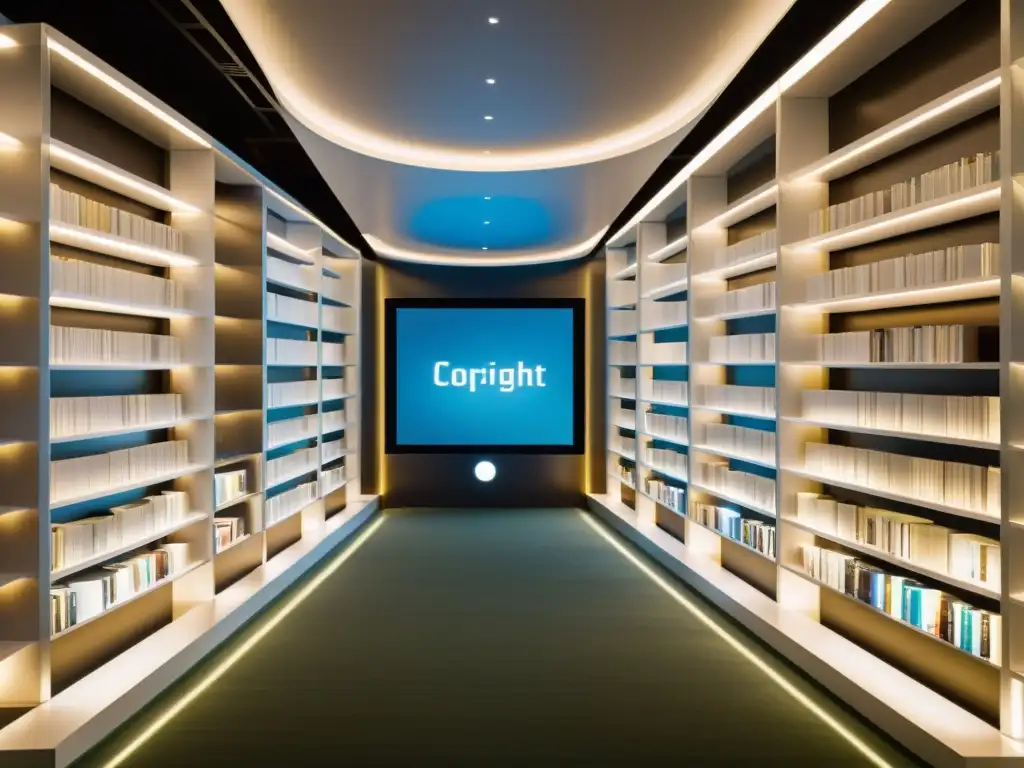 Un espacio bibliotecario moderno con estantes blancos llenos de tabletas digitales mostrando símbolos de derechos de autor y documentos legales