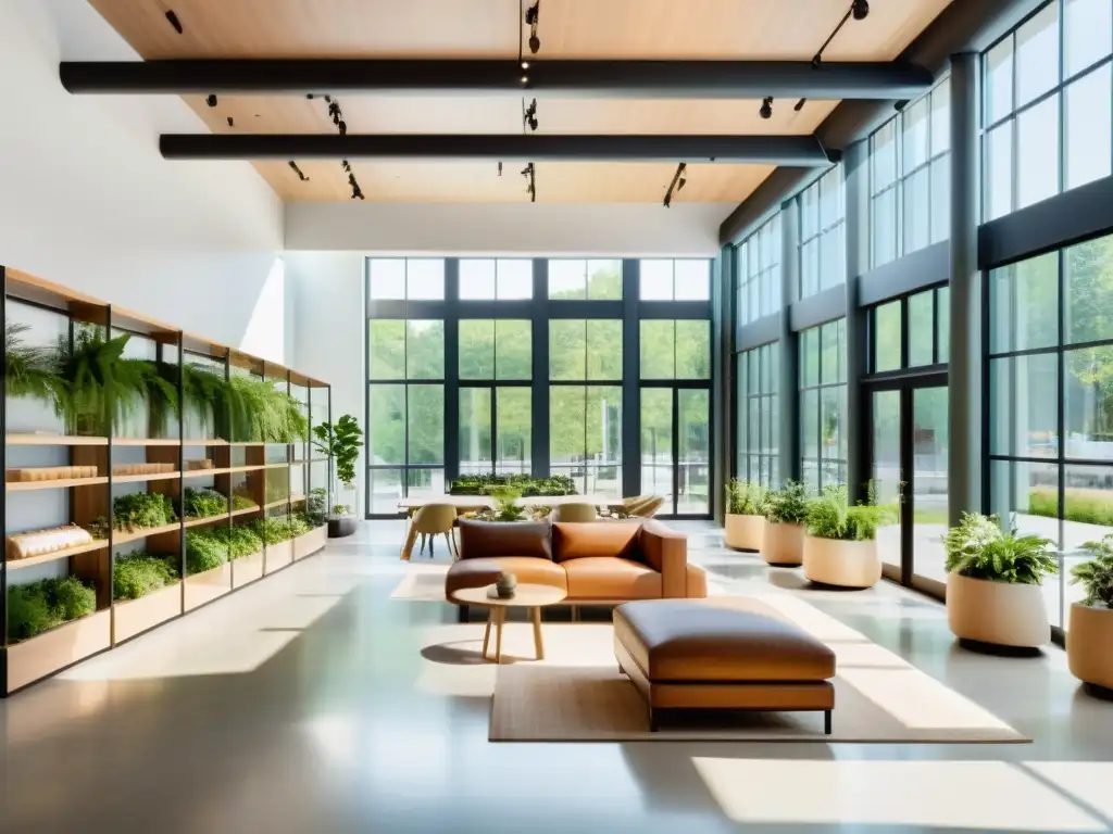 Espacio comercial sustentable: diseño moderno y ecoconsciente Un espacio comercial moderno y sostenible con diseño ecoconsciente y sofisticado, exhibiendo casos exitosos de marcas sostenibles