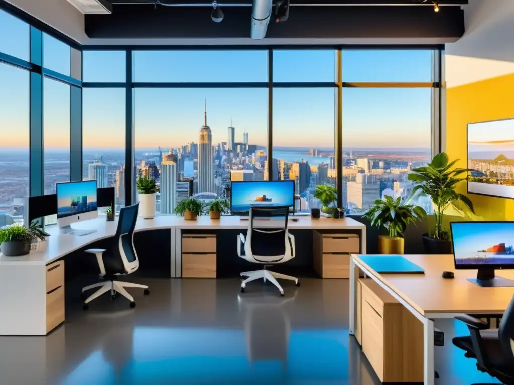 Espacio de coworking moderno, empresarios colaborando en estaciones de trabajo minimalistas con vista panorámica a la ciudad